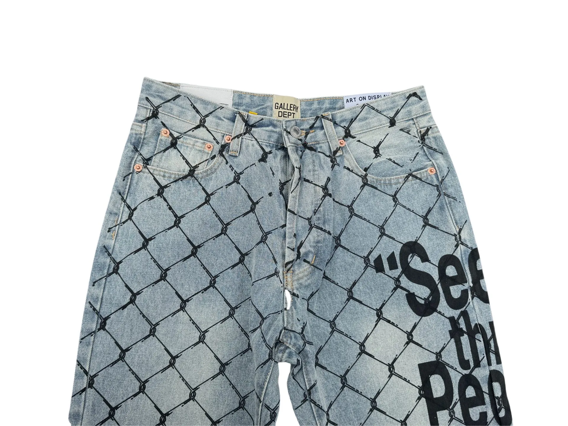 P240💰G786 GALLERY DEPT. Steel mesh letter printed slim jeans jeans casual group trendy American slim men's and women's trousers Color: blue Size: S-XXL (corresponding to 28-36)